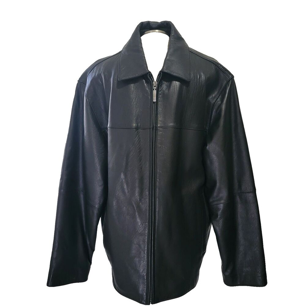 Vintage Claiborne Mens L Lambskin Leather Black Bomber Jacket 90s Biker Quilted